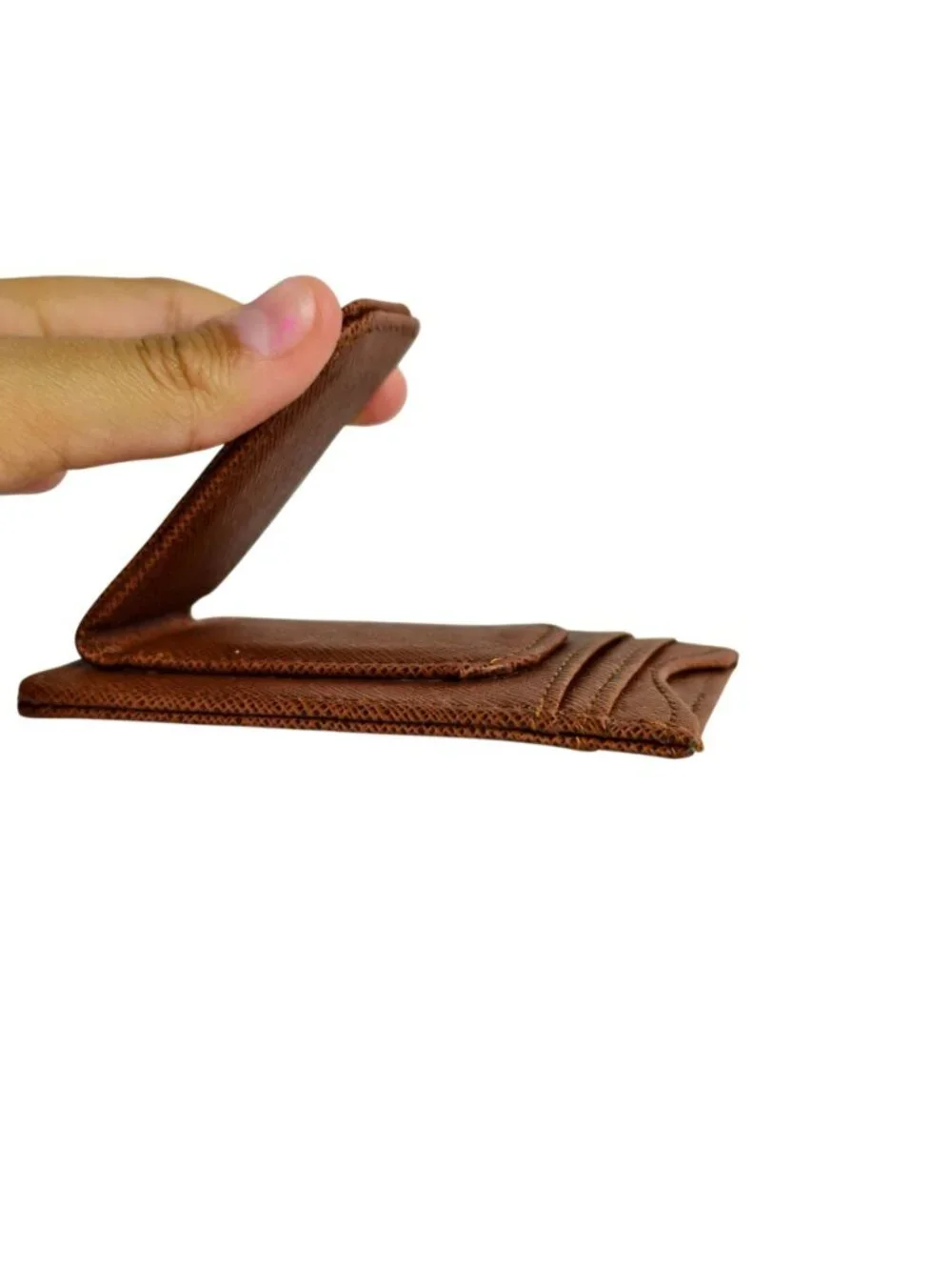 Mens Leather Minimalist Card Holder Wallet Brown ID Window Magnetic Money Clip